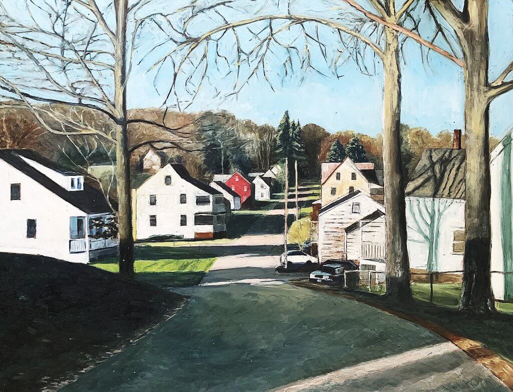The image depicts a farming town with a dirt road leading to white housing and barns like depicted in Cherl Dunesnil's poem Barn Dance that mentions an earthquake