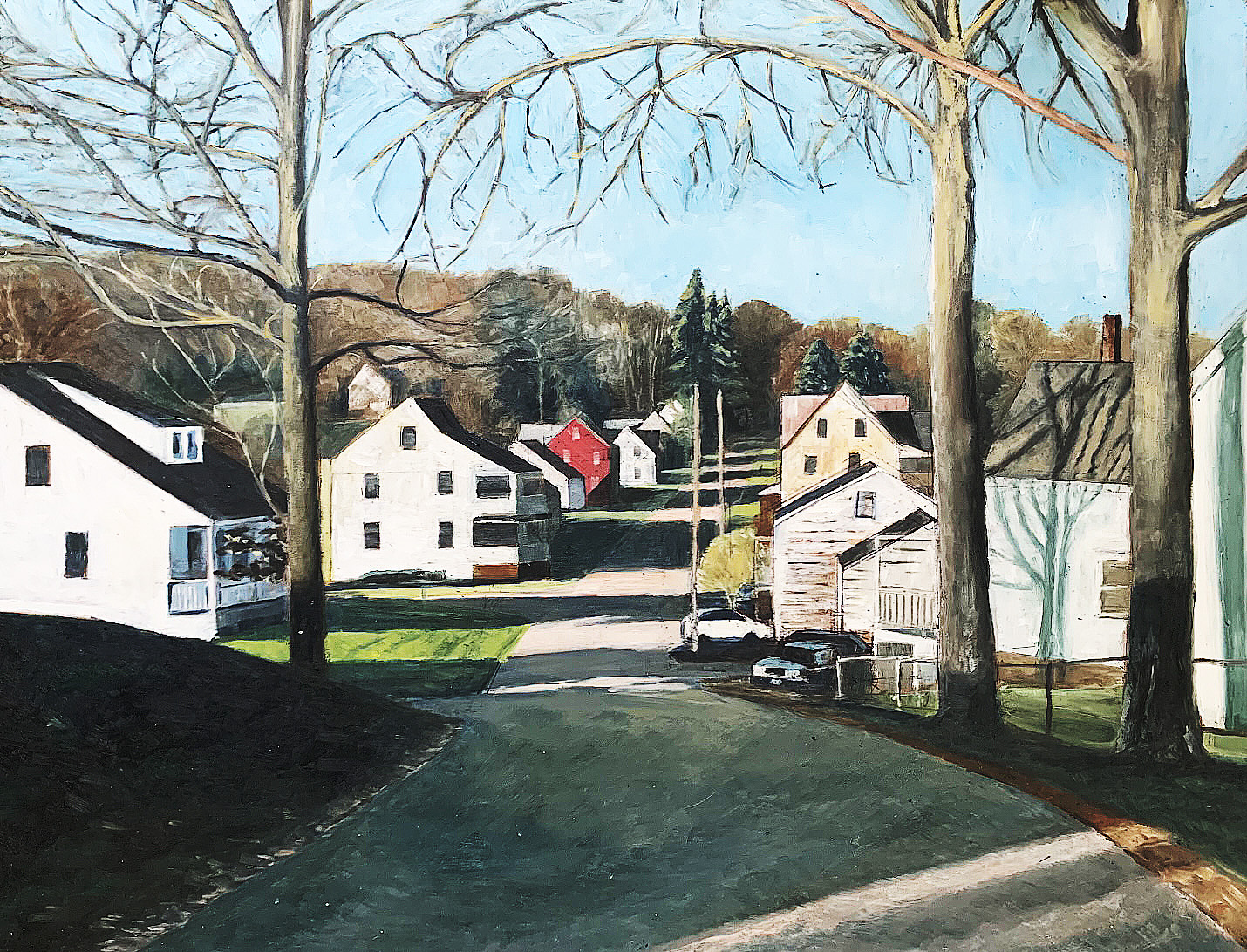 The image depicts a farming town with a dirt road leading to white housing and barns like depicted in Cherl Dunesnil's poem Barn Dance that mentions an earthquake